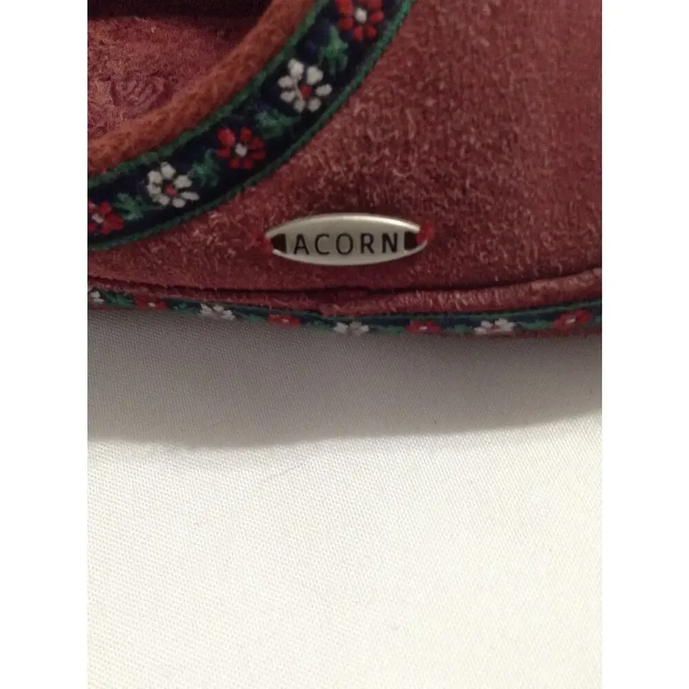 Acorn Womens Suede Clog Slippers Size WS 5-6 Red Raisin Floral Woven Trim Mule